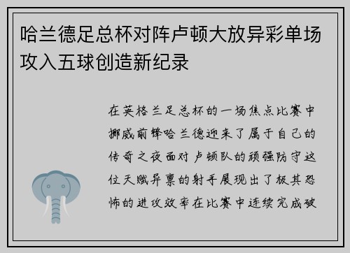 哈兰德足总杯对阵卢顿大放异彩单场攻入五球创造新纪录 哈兰德足总杯对阵卢顿大放异彩单场攻入五球创造新纪录